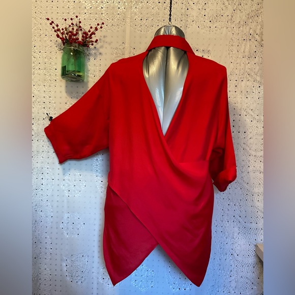 Red Backless Tuxedo Draped Woman’s Blouse 1X Professionally Cleaned & ❤️ Ready🌹 - Picture 2 of 9